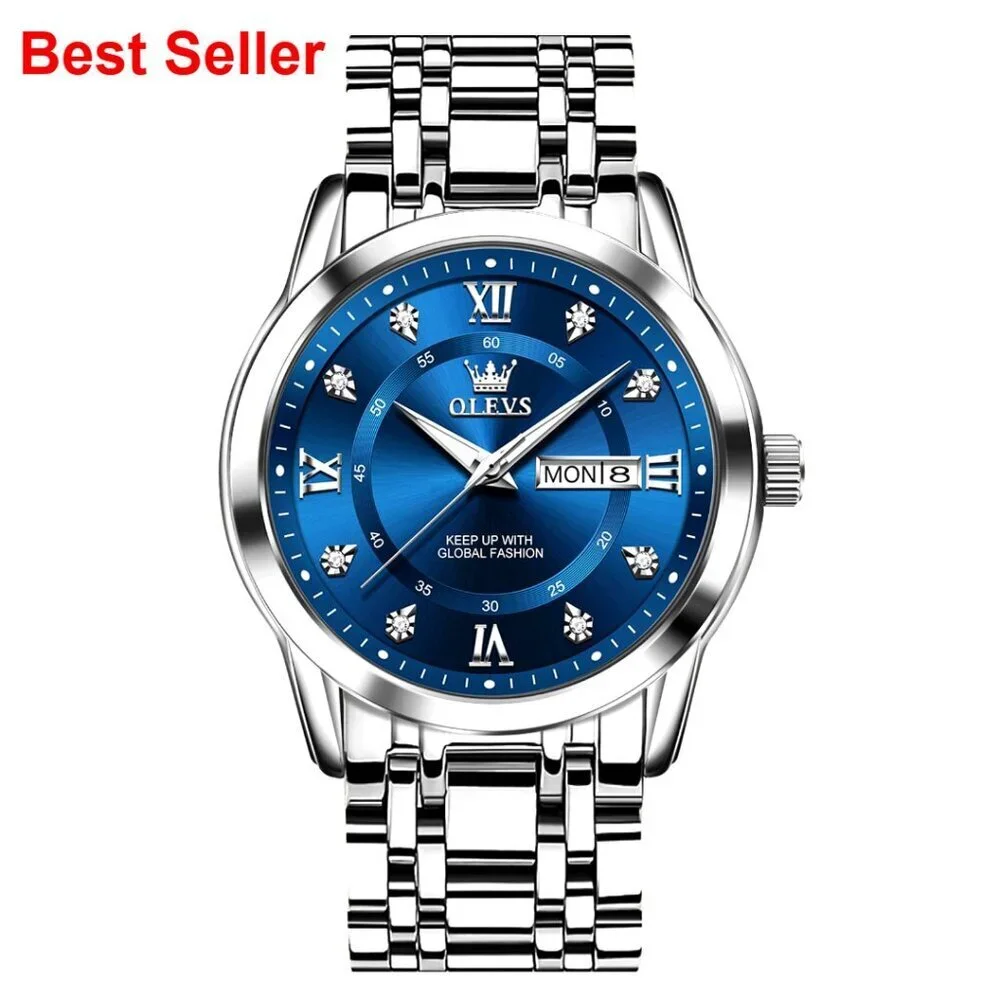 Stainless Steel Watch with Roman Numerals Diamond Accents Day Date